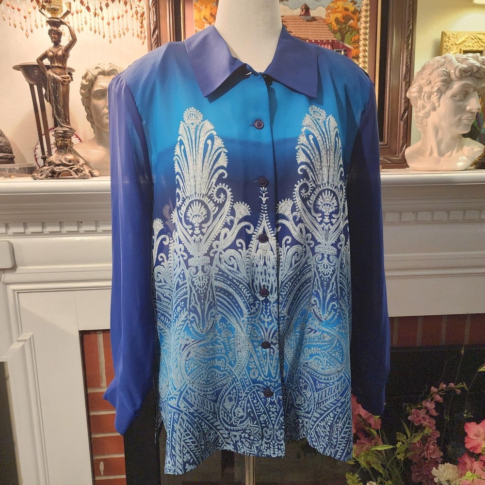 Blue Button Up Long Sleeve Blouse with White Patterns, Vintage Top